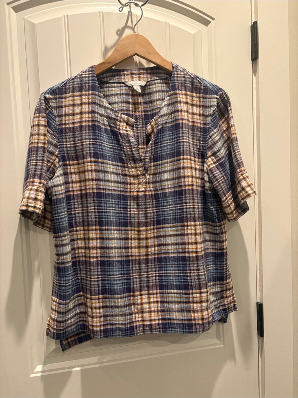 Bean Signature Plaid Short Sleeve V-Neck Top - Blue and Cream